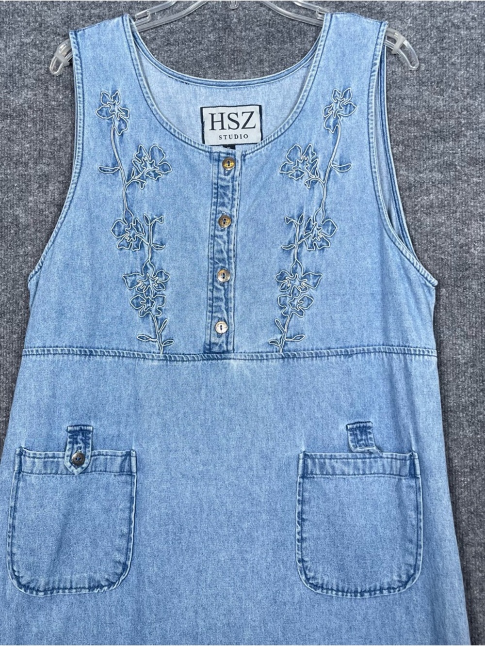 HSZ Studio Womens XL Floral Embroidered Lightweight Denim Midi Dress VTG Teacher - Picture 3 of 10